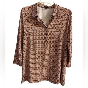 Talbots Coral navy Geo-Print 1/4 Button Down Tunic Top 1X